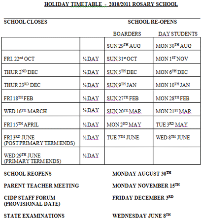 Marian School calendar