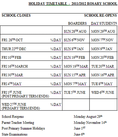 Marian School calendar